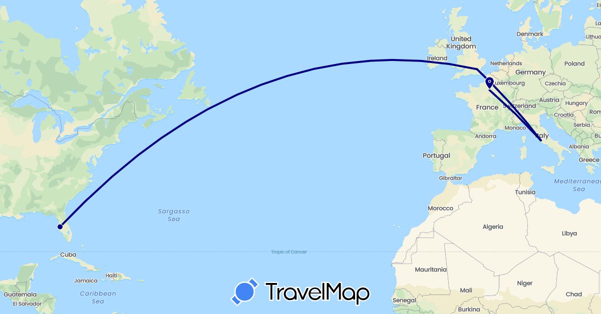 TravelMap itinerary: driving in France, United Kingdom, Italy, United States (Europe, North America)